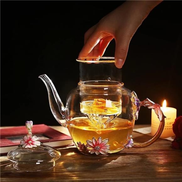 Enamel Glass Flower Teapot With Removable Loose Tea Leaf Infuser Tea Maker,Gifts - Picture 3 of 7